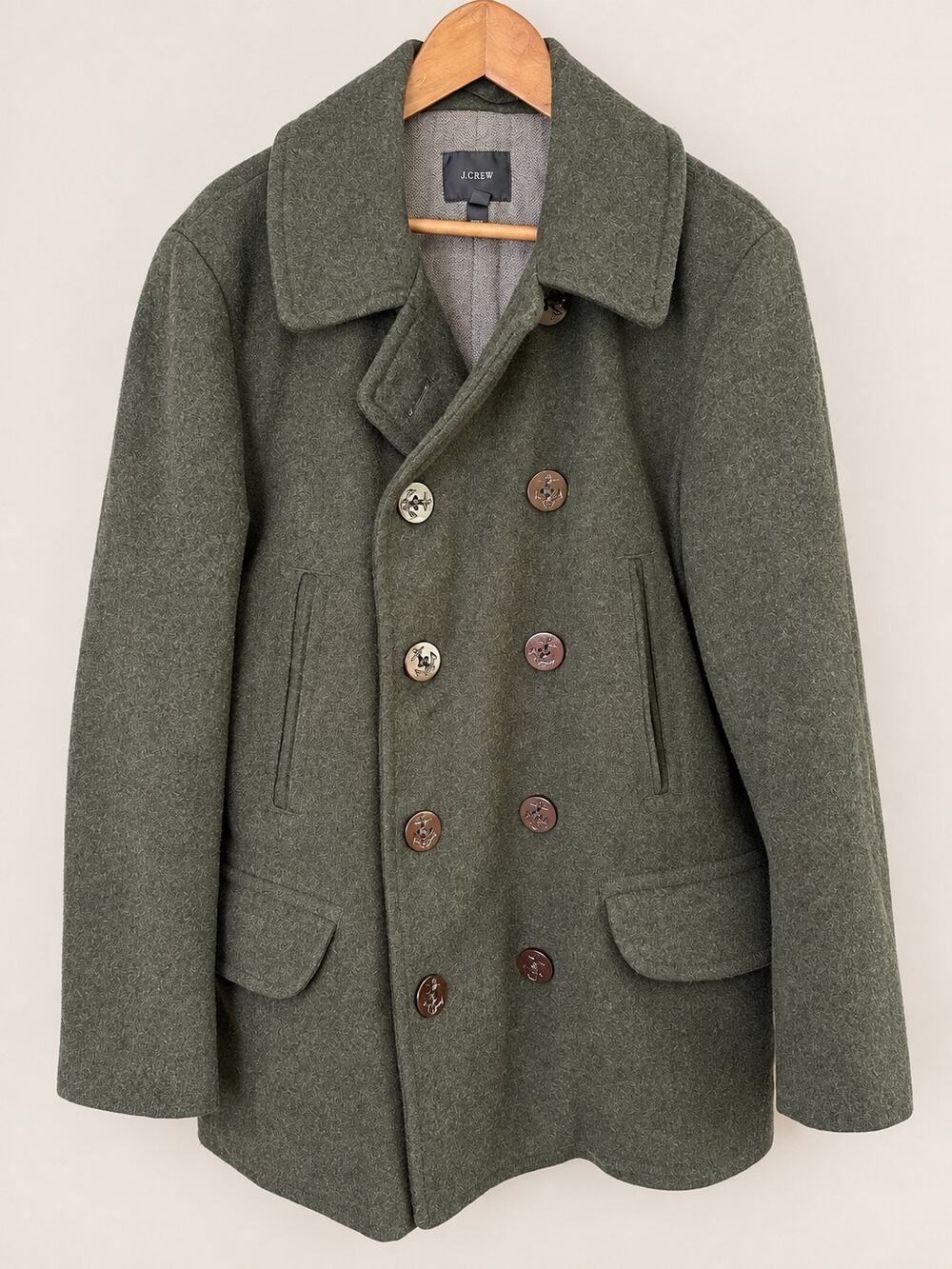 J.Crew Wool Peacoat Green Thinsulate Heavyweight Double Breasted Jacket L Mens